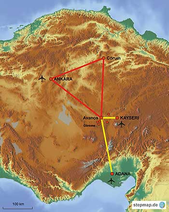 Karte f&uuml;r die Zentral-Anatolien-Kappadokien-rundreise