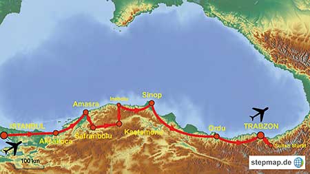 Karte des Streckenverlaufs der Rundreise von Istanbul bis Trabzon am Schwarzen Meer in der T&uuml;rkei